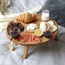 Portable Wooden Picnic Table with Wine Glass Holder - Foldable