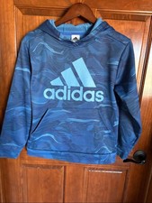 adidas Logo Performance Fleece Blue Patterned Hoodie -Boys L 14/16 