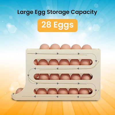 Auto Rolling Egg Holder 4 Tier Fridge Organizer 28 Eggs Egg Cutter Cream