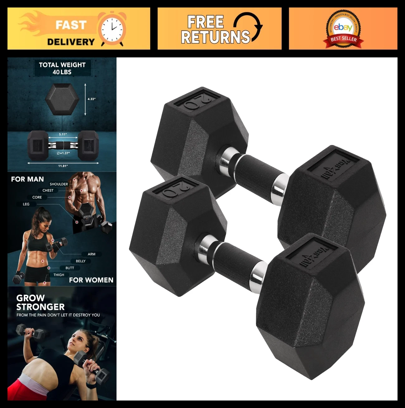 Chrome Rubber Grip Hex Dumbbells - Anti-Slip Hand Weights 10-30 LBS Pair