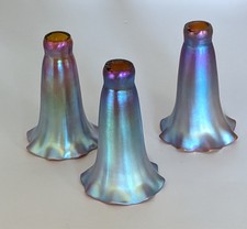 3 Signed Lotton 1975 Iridescent Lily Art Glass Shades Tiffany Stueben Quezal