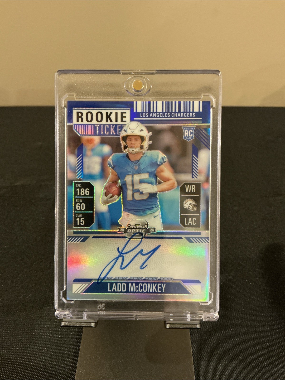 2024 Panini Contenders Optic Ladd McConkey Blue Variation Rookie Ticket Auto /50