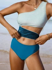 Bikinx Glitter Color Block Cut Out One Shoulder One Piece Swimsuit