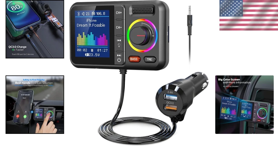 Nulaxy Bluetooth Transmisor FM para Coche, Inalámbrico Coche V5.0 Negro Foto 2 de 4