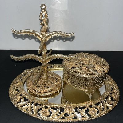 Vintage Sam Fink SF Gold Vanity Set Mirrored Tray Jewelry Tree Trinket Box