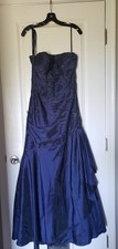 Navy Satin Strapless Sweetheart Long Formal Prom Ballgown Beaded Ruffle 10