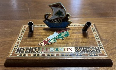 Lebanon Lebanese Vintage Inlaid Wooden 4''x6.75  Desk Set Map & Phoenician Ship