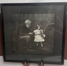 Antica stampa artistica 1895 La prima lezione Anthonissen Emporium SF etichetta incorniciata