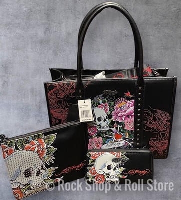 Ed Hardy Black Skull Cross Dragon Crossbody Tote+Wristlet Pouch & Wallet Set~NWT