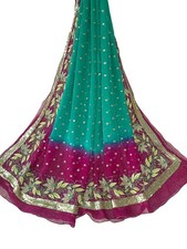 Blue Chiffon Dupatta: Purple  Golden Embroidery, Indian Wedding Scarf LD7268