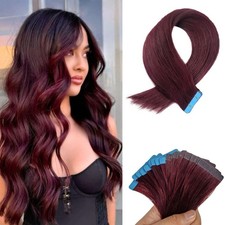 Long Invisible Tape in Hair Extensions Human Hair Burgundy 24 Inch Tape in Human