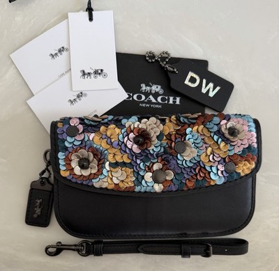 NWT COACH MULTI/BLACK LEATHER FLORAL LEATHER SEQUIN CLUTCH 31833