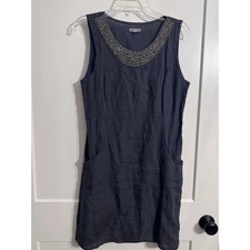 Lina Tomei Linen Shift Dress-Sleeveless-Beaded Neckline Collar Sz S LagenLook