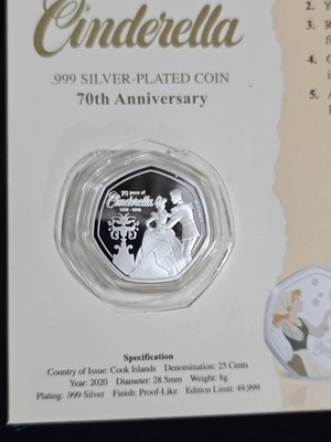Sonderedition Disney Cinderella 999 versilberte 50p Münze 70th Anniversary