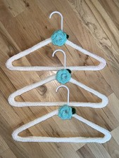 3 Vintage Teal Blue Rose Crotchet Clothes Hangers