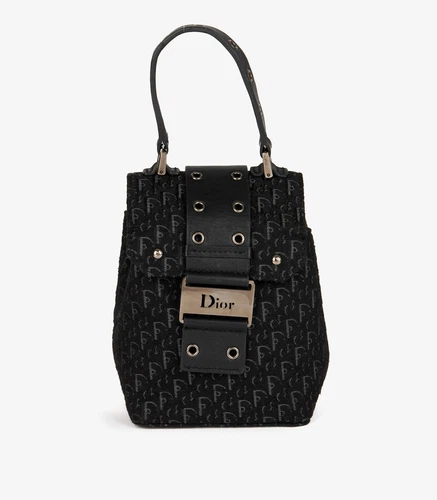 Sac boîte Christian Dior noir monogramme oblique toile et veau poignée supérieure
