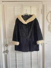 Vintage 60s Black Fur Coat Stole Jacket Cream Mink Trim M