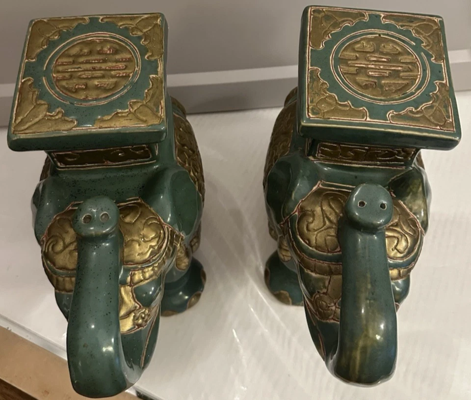 2 taburetes de jardín de elefante dorado verde esmalte de cerámica asiática soportes para plantas de colección Foto 2 de 4