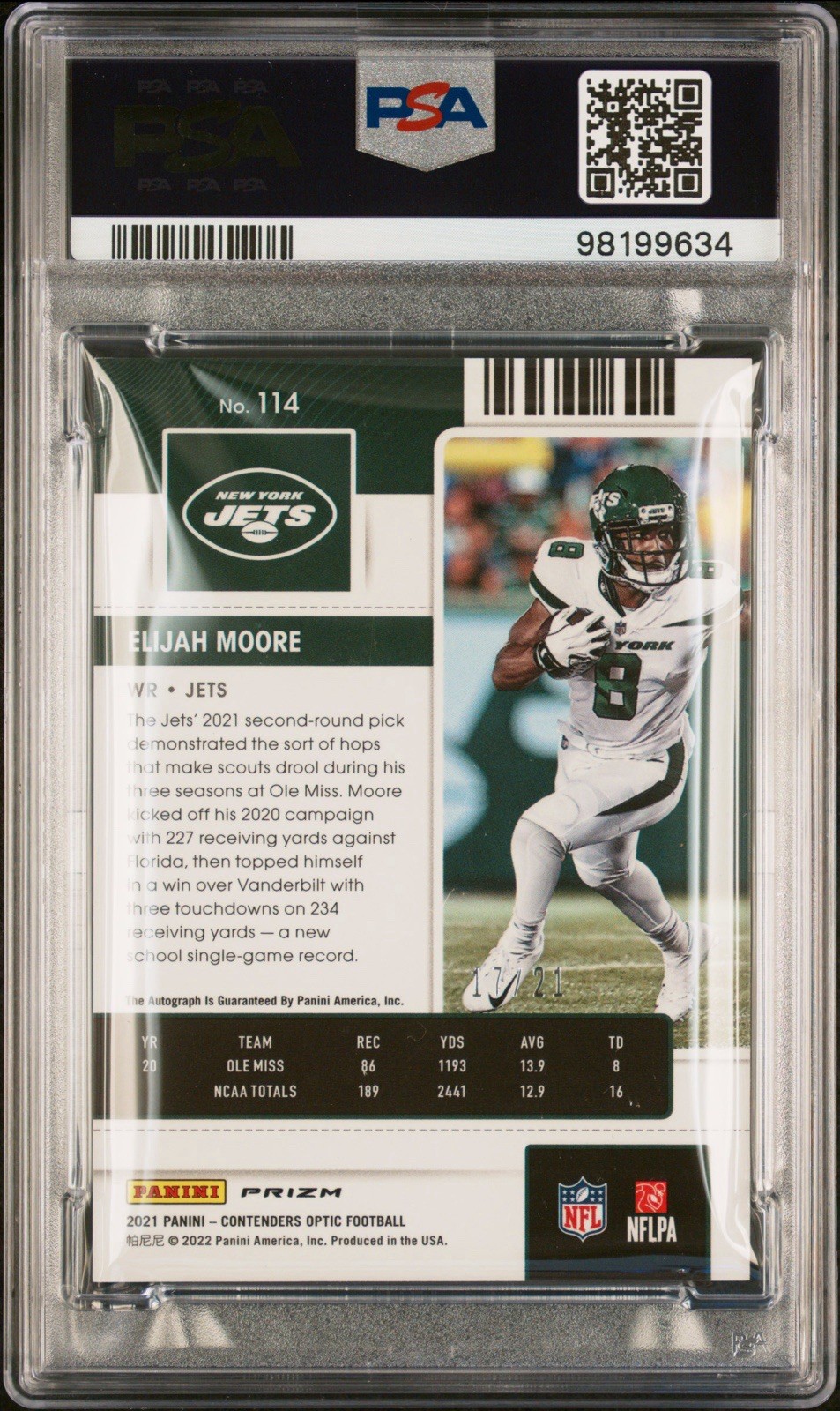 2021 Panini Contenders Optic #114 Elijah Moore Purple Pulsar Auto #/21 PSA 8 view 2