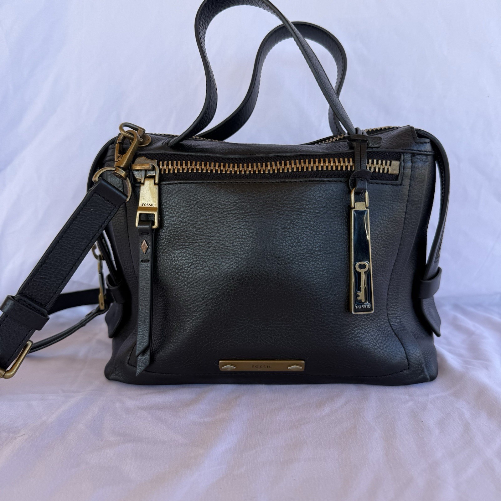 Fossil Bella Satchel Black Leather Purse With Straps Gold Ha