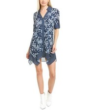 ALICE + OLIVIA Navy White Floral Print Connor Handkerchief Button Shirt-Dress S