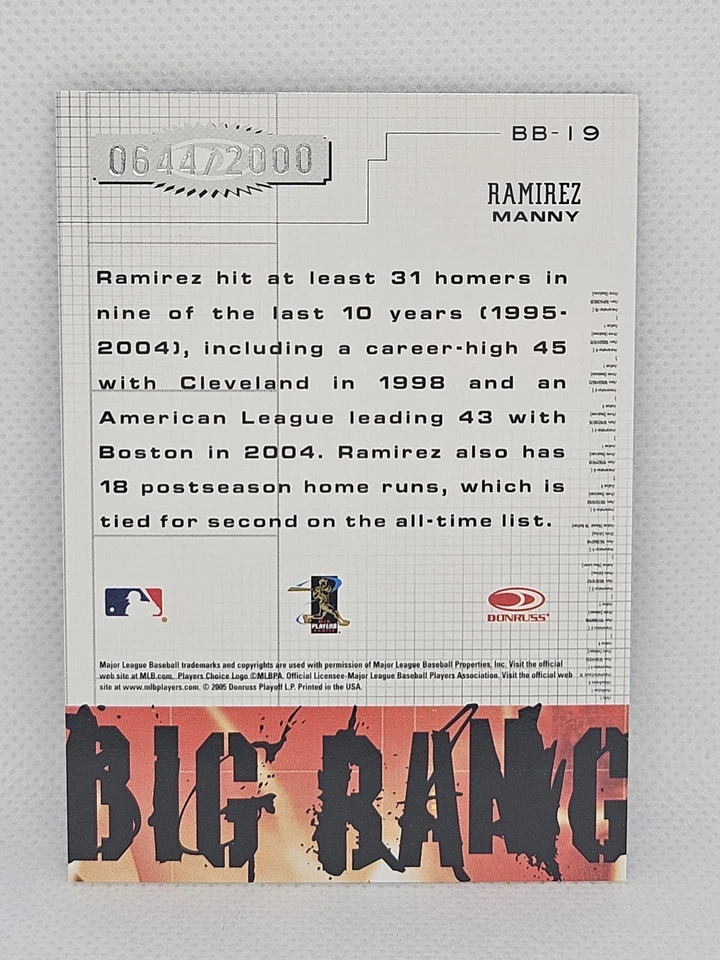2005 Leather and Lumber Big Bang #BB-19 Manny Ramirez #0644/2000 Boston Red Sox - Image 2 of 2
