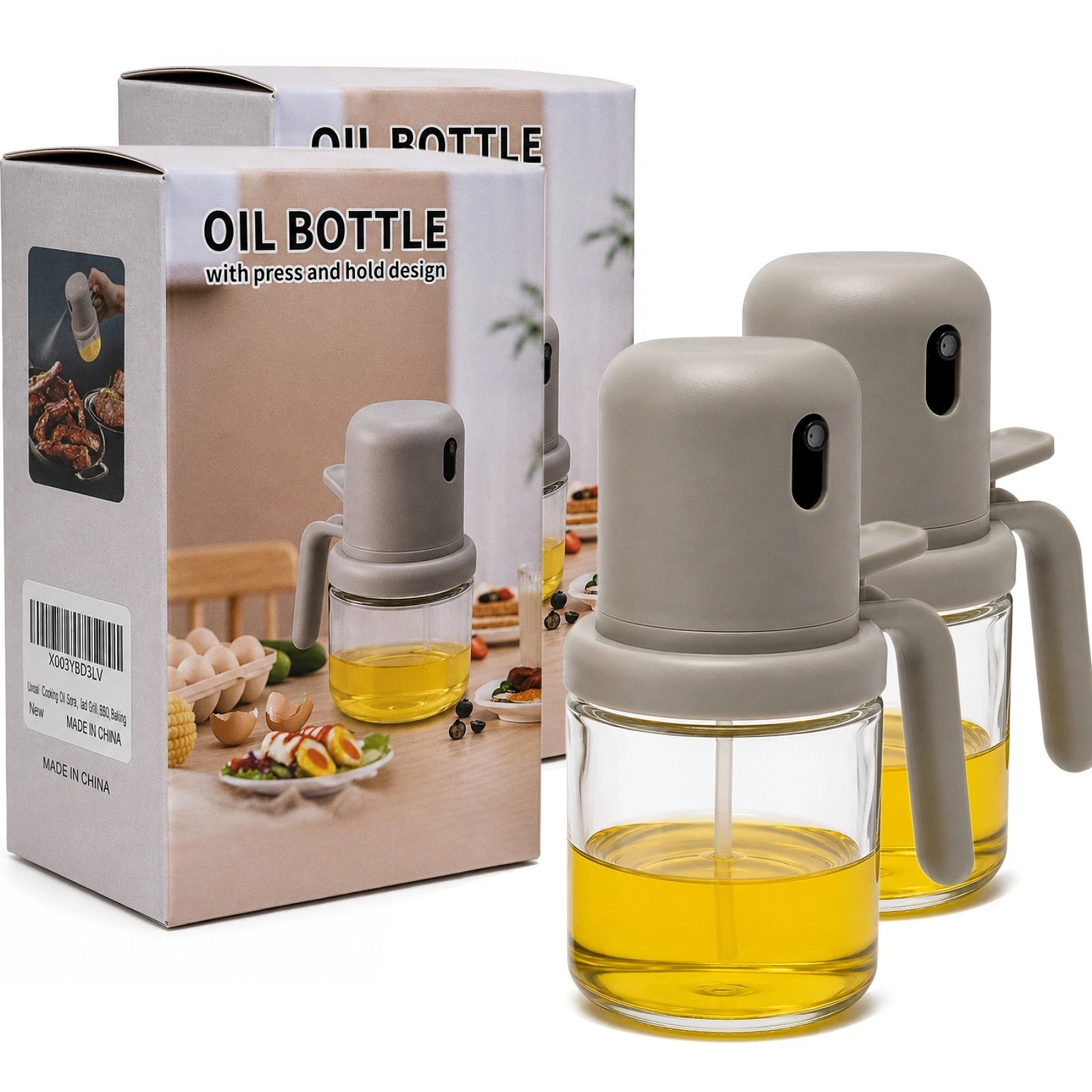 2-Pack Oil Bottle Dispenser 180ml Gray Press & Hold Leakproof Kitchen Cruet Set