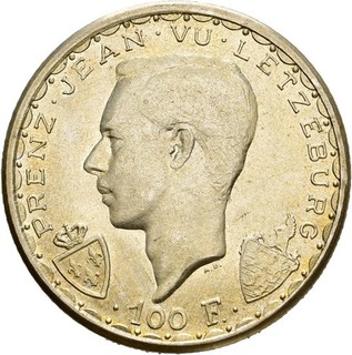 Künker: Lussemburgo 100 franchi 1946 morte di Giovanni I di Boemia argento perfetto!
