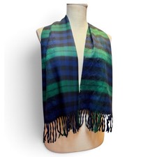 100 Cashmere Black Watch Plaid Scarf Made In Scotland Green Blue Fringe Winter
