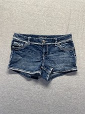 Maurices Jean Shorts Womens 7/8 Blue Denim Cotton Stretch Embroidered Rhinestone