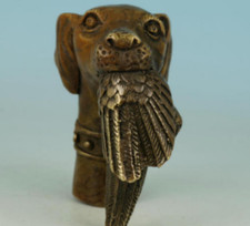 Old Bronze Hand Carved Dog Bitten Birds Statue Cane Walking Stick Head