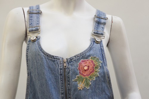 Handmade Upcycled Applique Denim Jean Overalls Cat and Flowers Dress - Picture 5 of 15