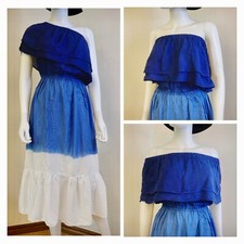 Women Indigo Hand Made Tie Dye Smocked Beach Dress One Size Fit All Off Shoulder