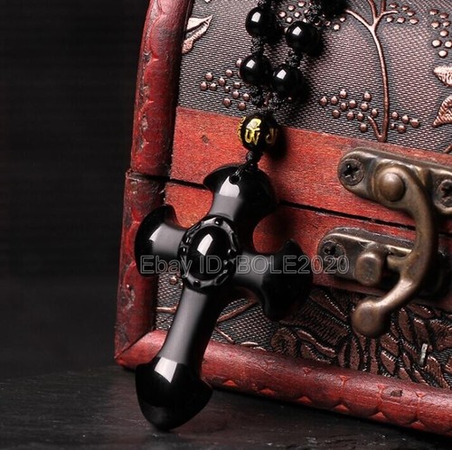 Pretty Natural Black Obsidian Carved Cross Lucky Pendant Beads Necklace Jewelry - Picture 4 of 5