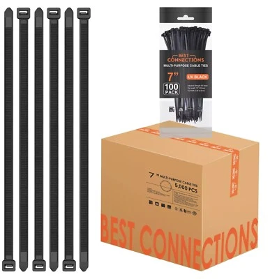BEST CONNECTIONS INC 5,000 Pcs 7" Inch Black Nylon Cable Wire Zip Tie 50 Lbs Tensile Strength