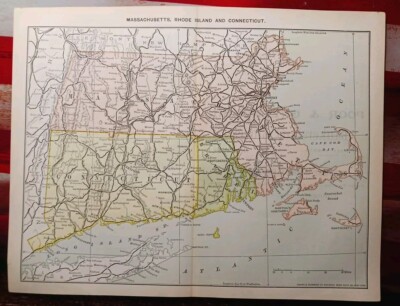1890 Train Route Map MASSACHUSETTS Connecticut All Railroad Lines stations 9x11''