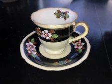 Vintage Tea Cup and Saucer Black Flower Occupied Japan Teacup