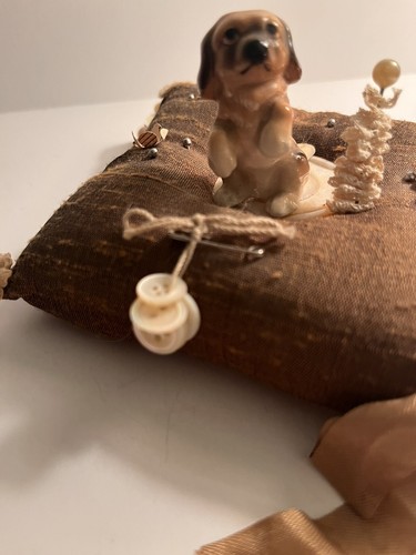 Vintage Handmade Pin Cushion With Porcelain Doggie, Flowers, Buttons, Pins - Picture 10 of 13