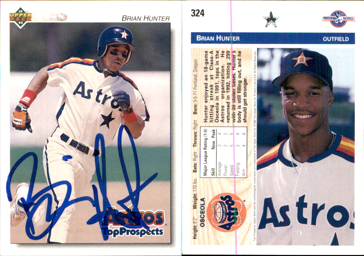 Brian Hunter Signed 1992 Upper Deck Minor League #324 Card Osceola Astros Auto