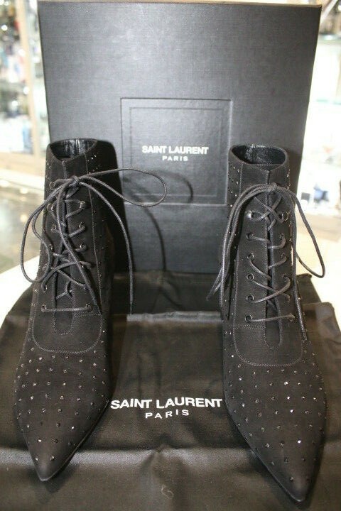 Saint Laurent Cat 50 Black Suede Crystal Embellished Lace-Up
