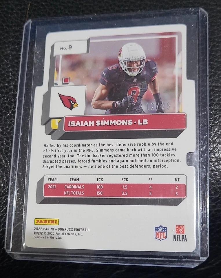 Isaiah Simmons 2022 Donruss Gold Press Proof Arizona Cardinals /25 Diecut  - Image 3 of 3