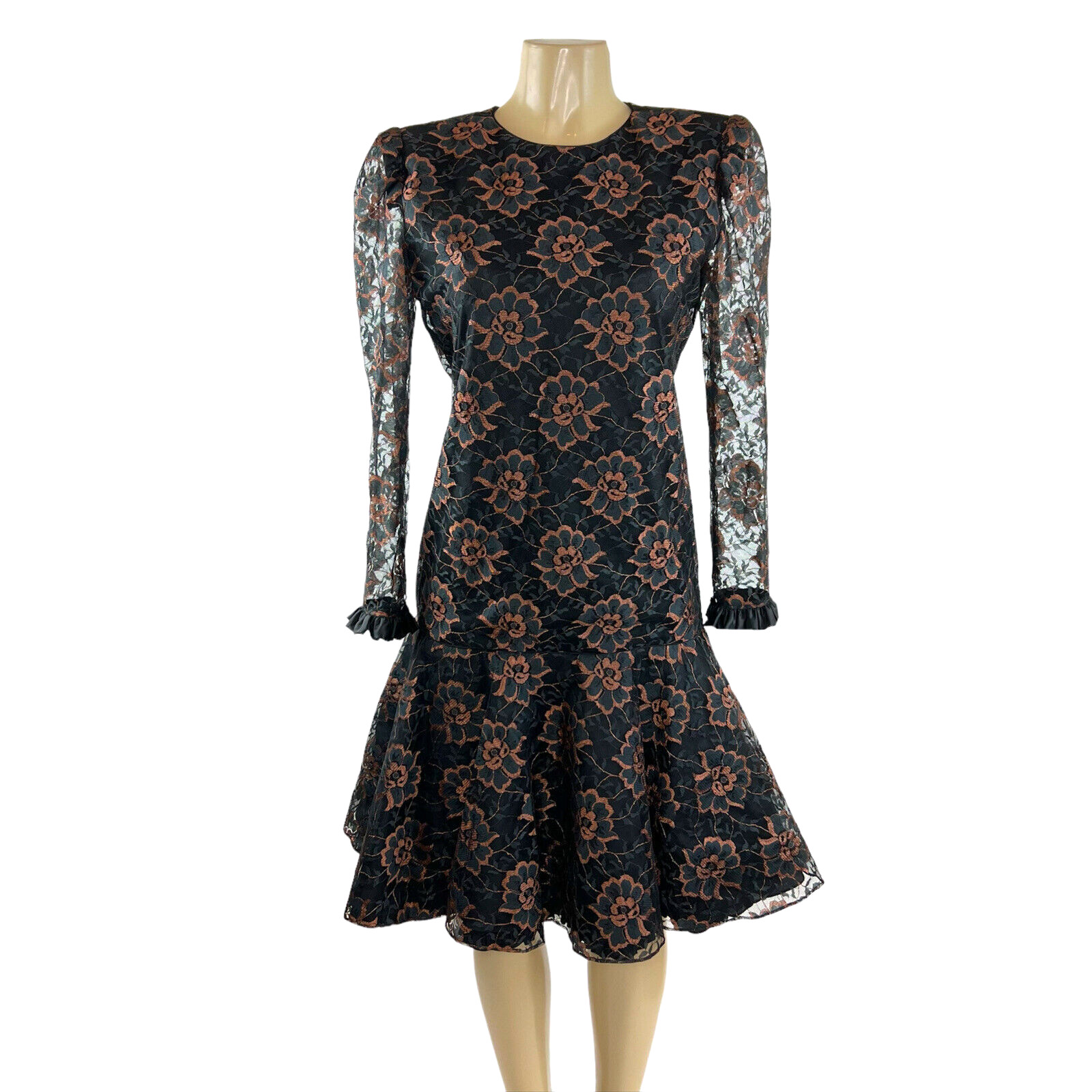 1980s Cocktail Dress Vintage Size 8 Black Lace Mermaid Glam Prom Drop Waist 80s-image