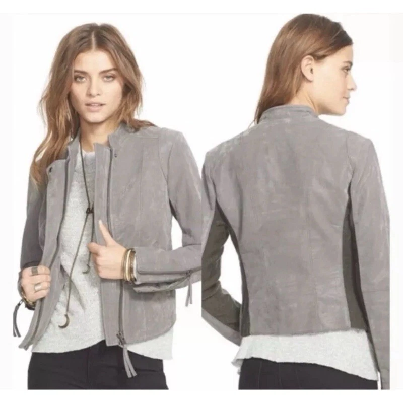 Free People Faux Suede Moto Jacket Women's Sz 10 Gray Boho Edgy - Image 2 of 4