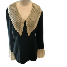Vintage Judy Knapp Women's Size M Black Shirt Jacket Cream Ruffles Made in USA