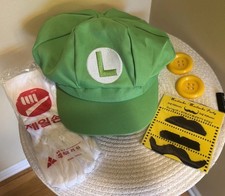 Luigi Costume Accessory Set Hat Gloves Mustache Buttons Super Mario Style NWOT