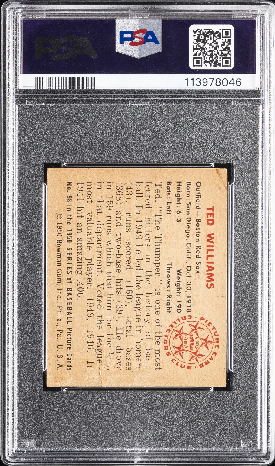 1950 BOWMAN #98 TED WILLIAMS PSA 2 view 2