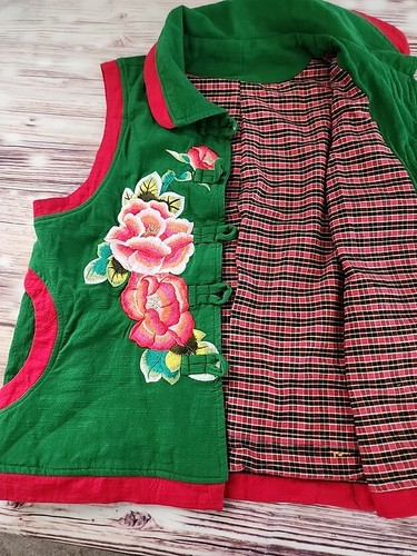 Gilet rosa vintage di ispirazione asiatica ricamato L verde rosso boho arte popolare cottage - Foto 11 di 14