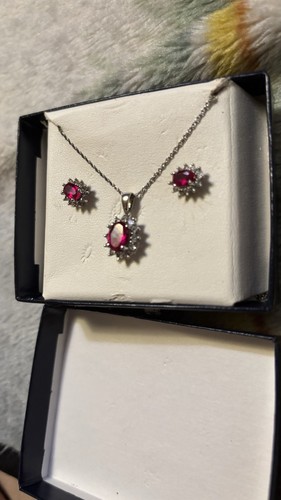 Ruby Halo Sterling Silver Necklace, and earring set - Picture 3 of 7