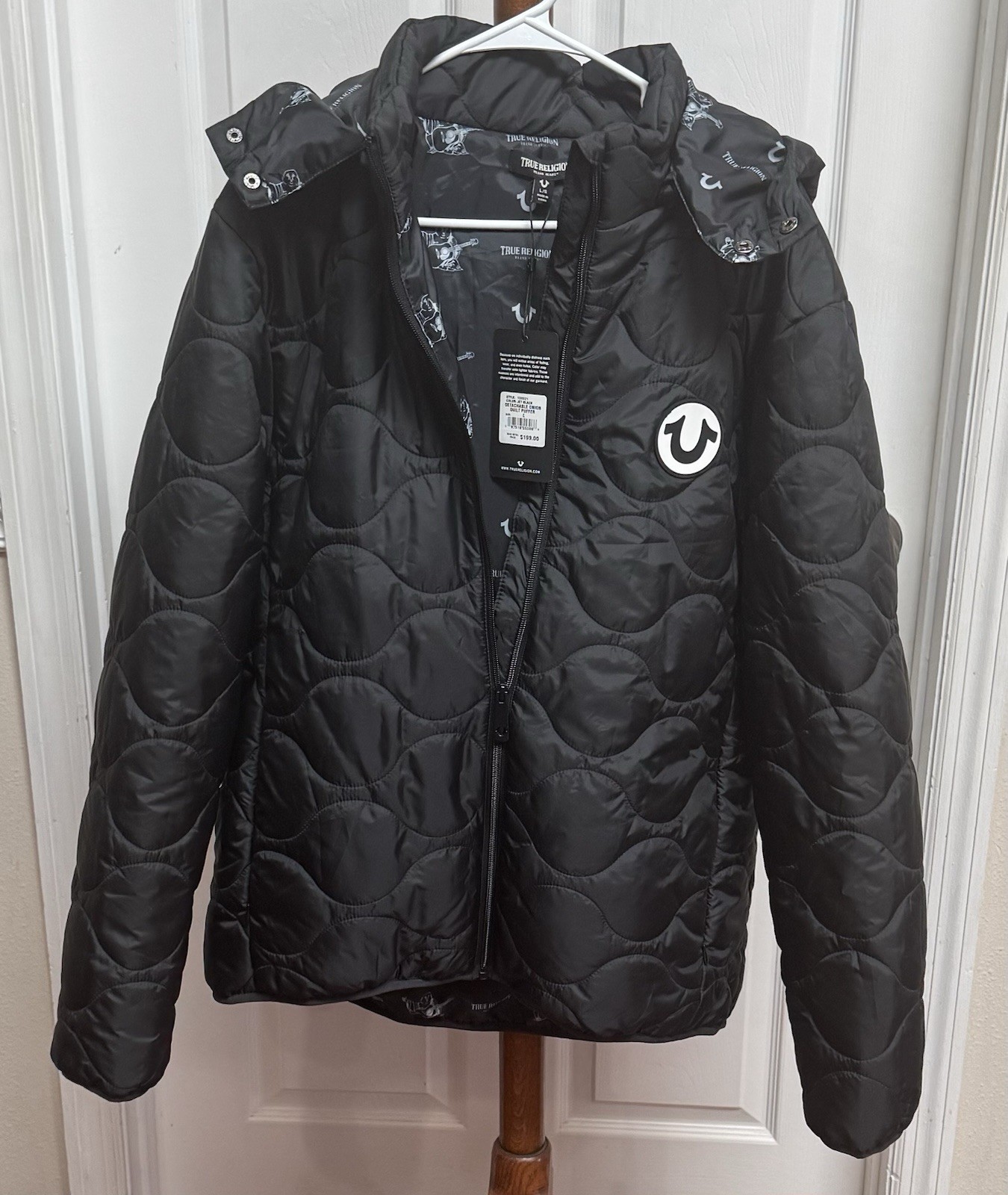 True Religion Men's Black Quilted Hooded Full Zip Puffer Jacket Large image 7