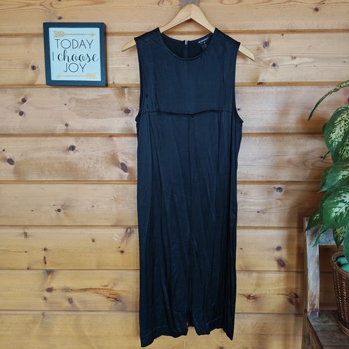 Ann Demeulemeester, Ann Demeulemeester Black Satin Dress Vintage Shift Full Zip Back Front Slit 42/M